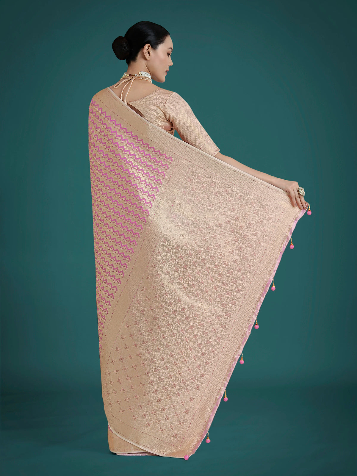 Lilac Banarasi-Style Satin Saree with Leheriya-Style Zigzag Weave, back with pallu