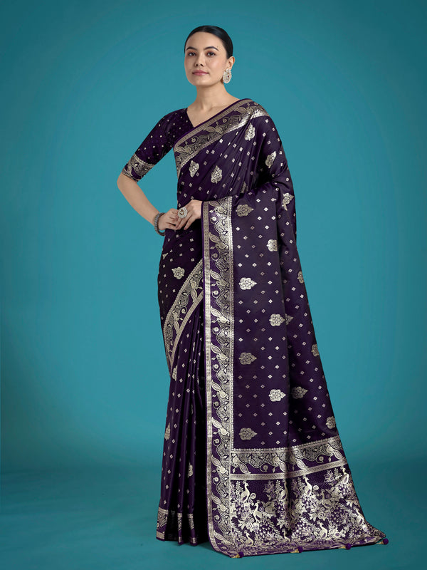 Purple Banarasi-Style Satin Saree with Peacock Motif Pallu, front
