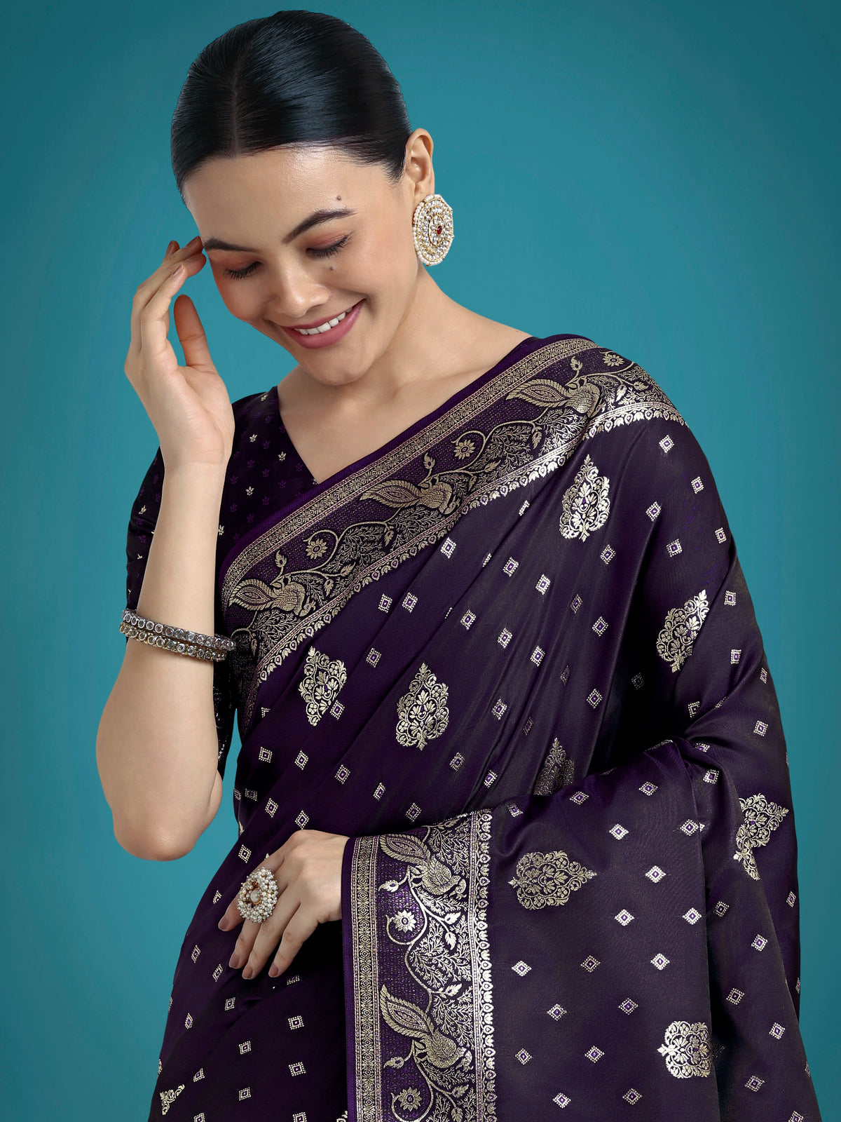 Purple Banarasi-Style Satin Saree with Peacock Motif Pallu, drape detail