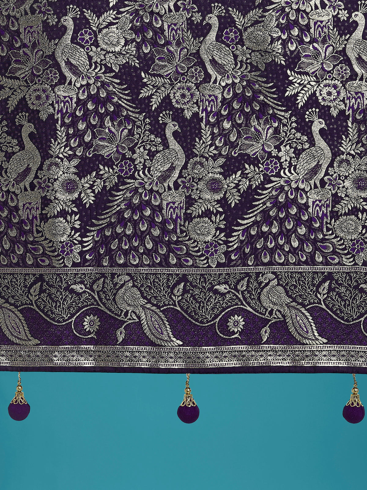 Purple Banarasi-Style Satin Saree with Peacock Motif Pallu, pallu close-up
