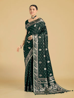 Dark Green Banarasi-Style Satin Saree with Peacock Motif Pallu