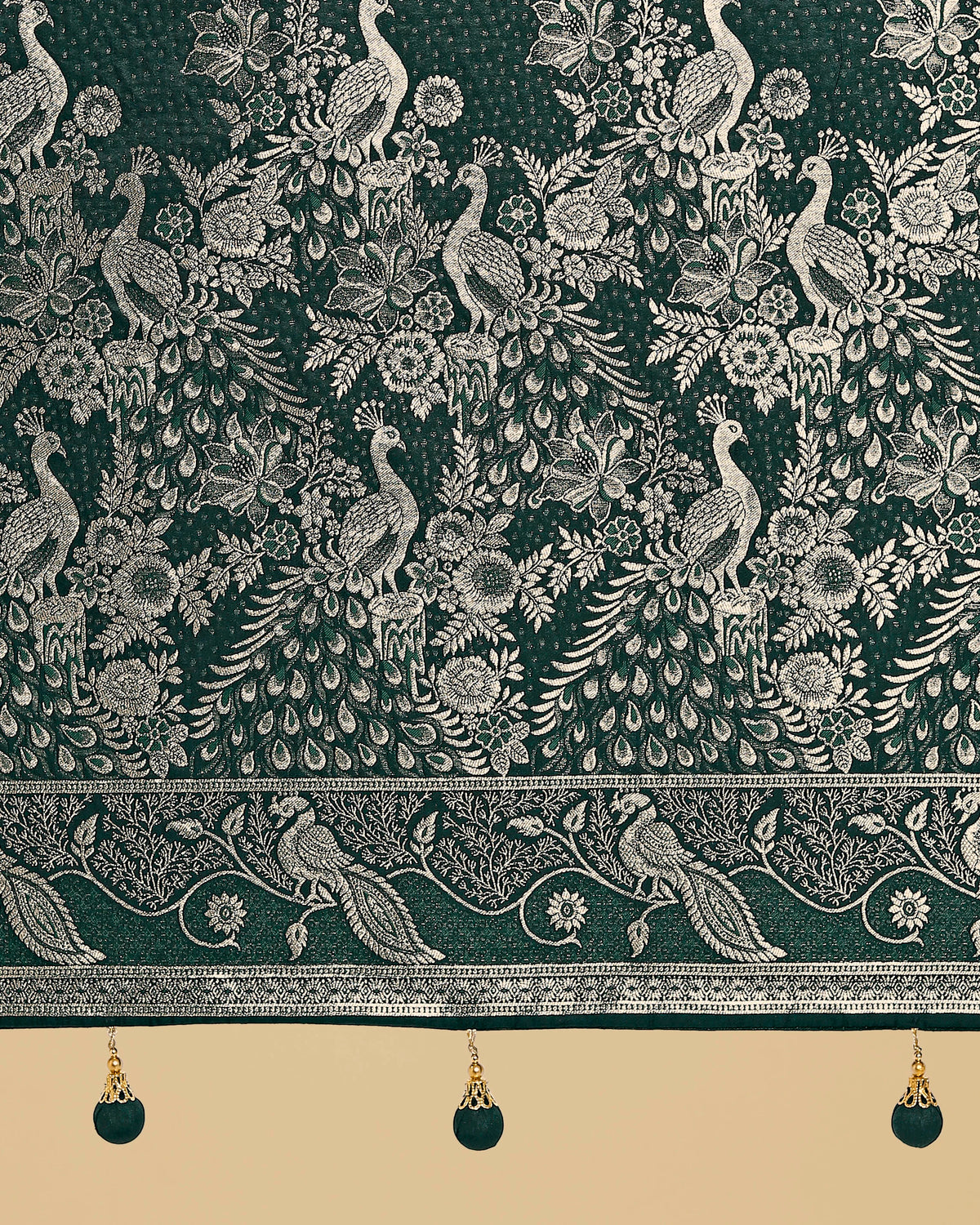 Dark Green Banarasi-Style Satin Saree with Peacock Motif Pallu, pallu close-up