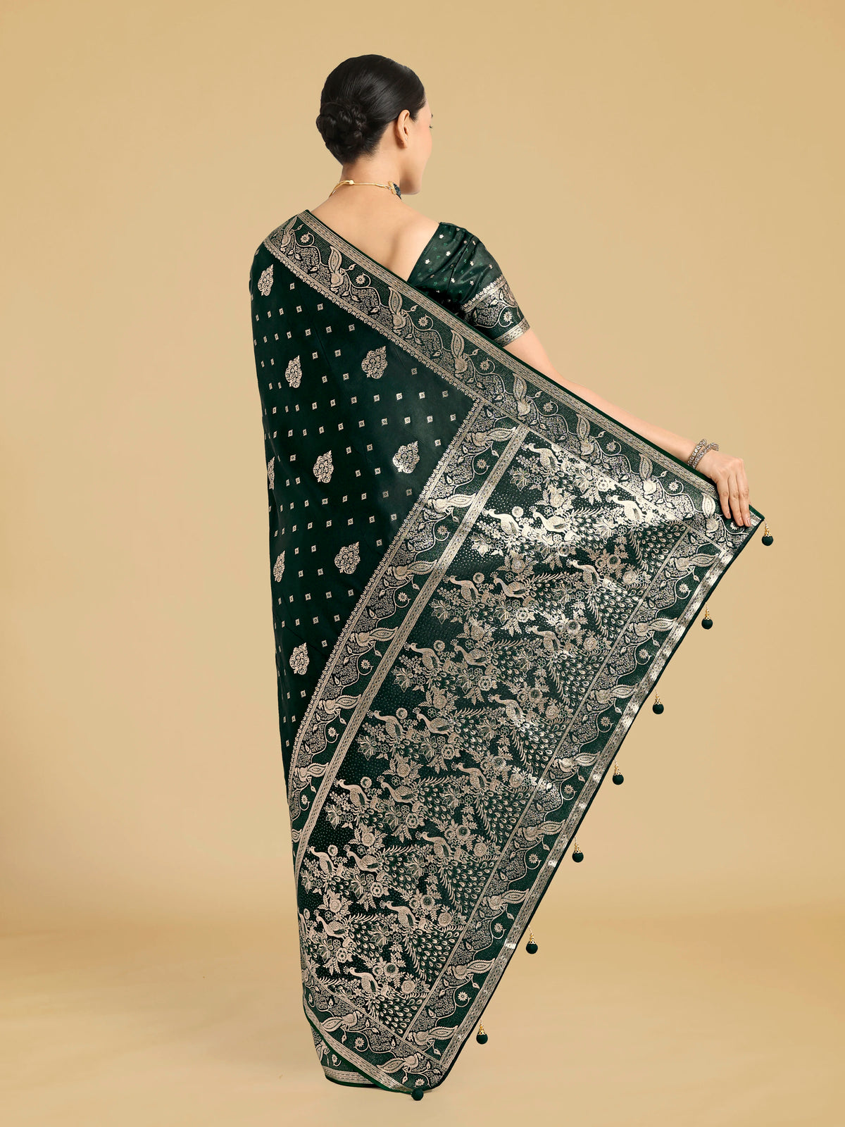 Dark Green Banarasi-Style Satin Saree with Peacock Motif Pallu, back with pallu