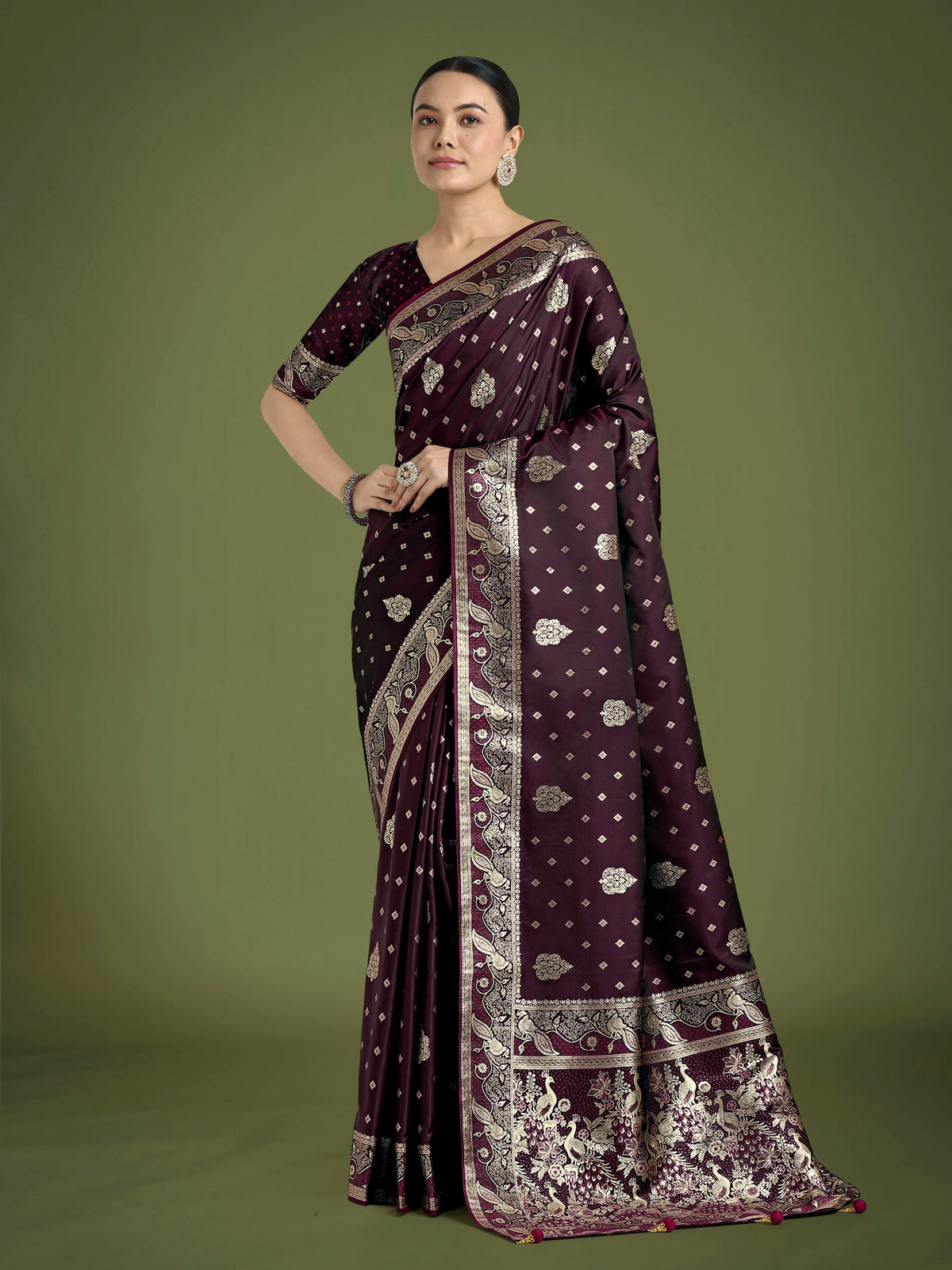 Wine Banarasi-Style Satin Saree with Peacock Motif Pallu, front