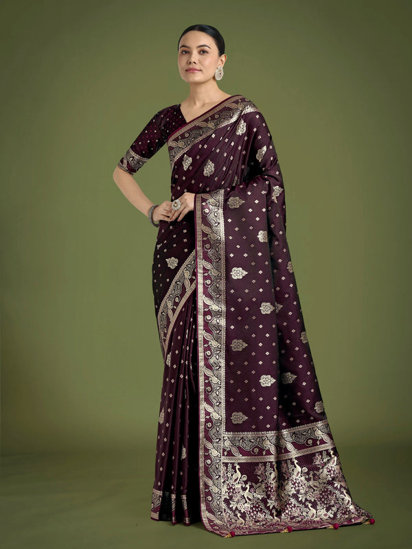 Wine Banarasi-Style Satin Saree with Peacock Motif Pallu, front