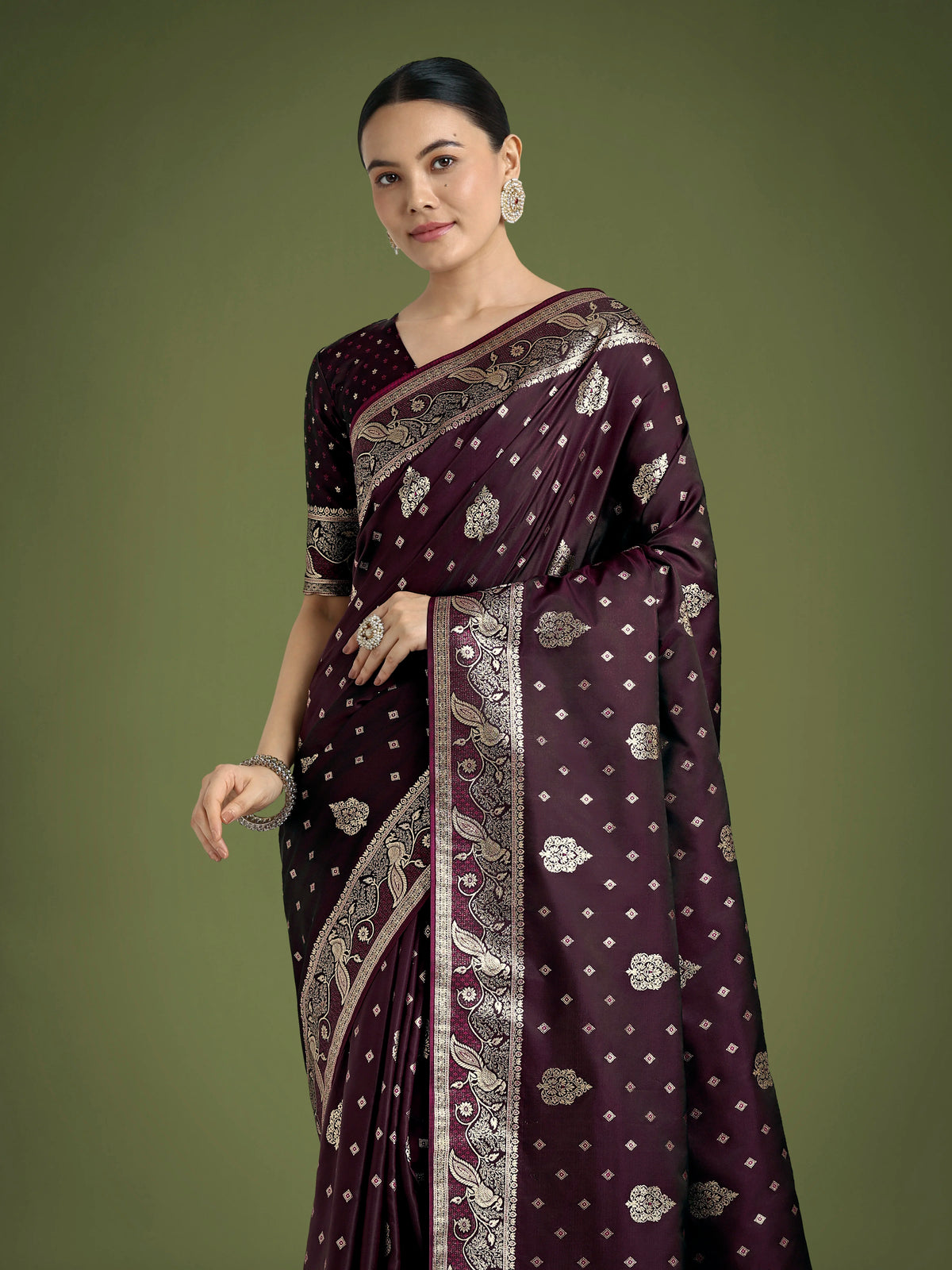 Wine Banarasi-Style Satin Saree with Peacock Motif Pallu, styled on model