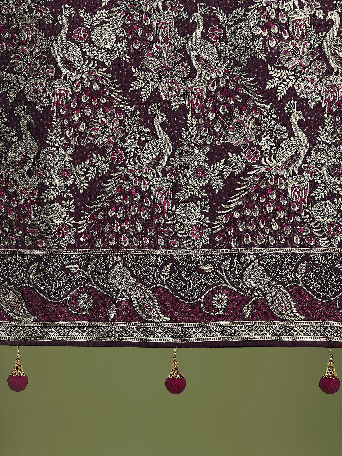 Wine Banarasi-Style Satin Saree with Peacock Motif Pallu, pallu close-up