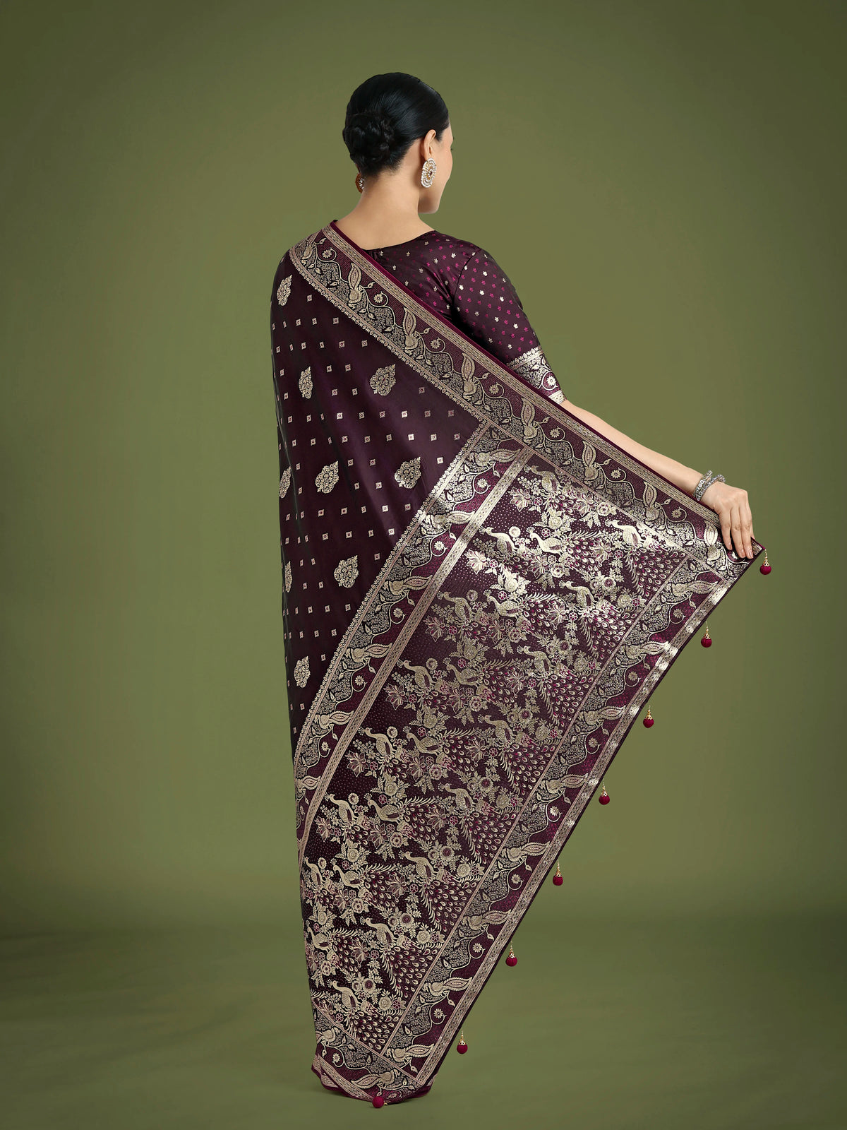 Wine Banarasi-Style Satin Saree with Peacock Motif Pallu, back with pallu