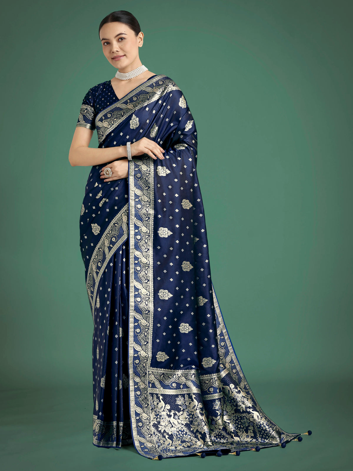 Blue Banarasi-Style Satin Saree with Peacock Motif Pallu, front