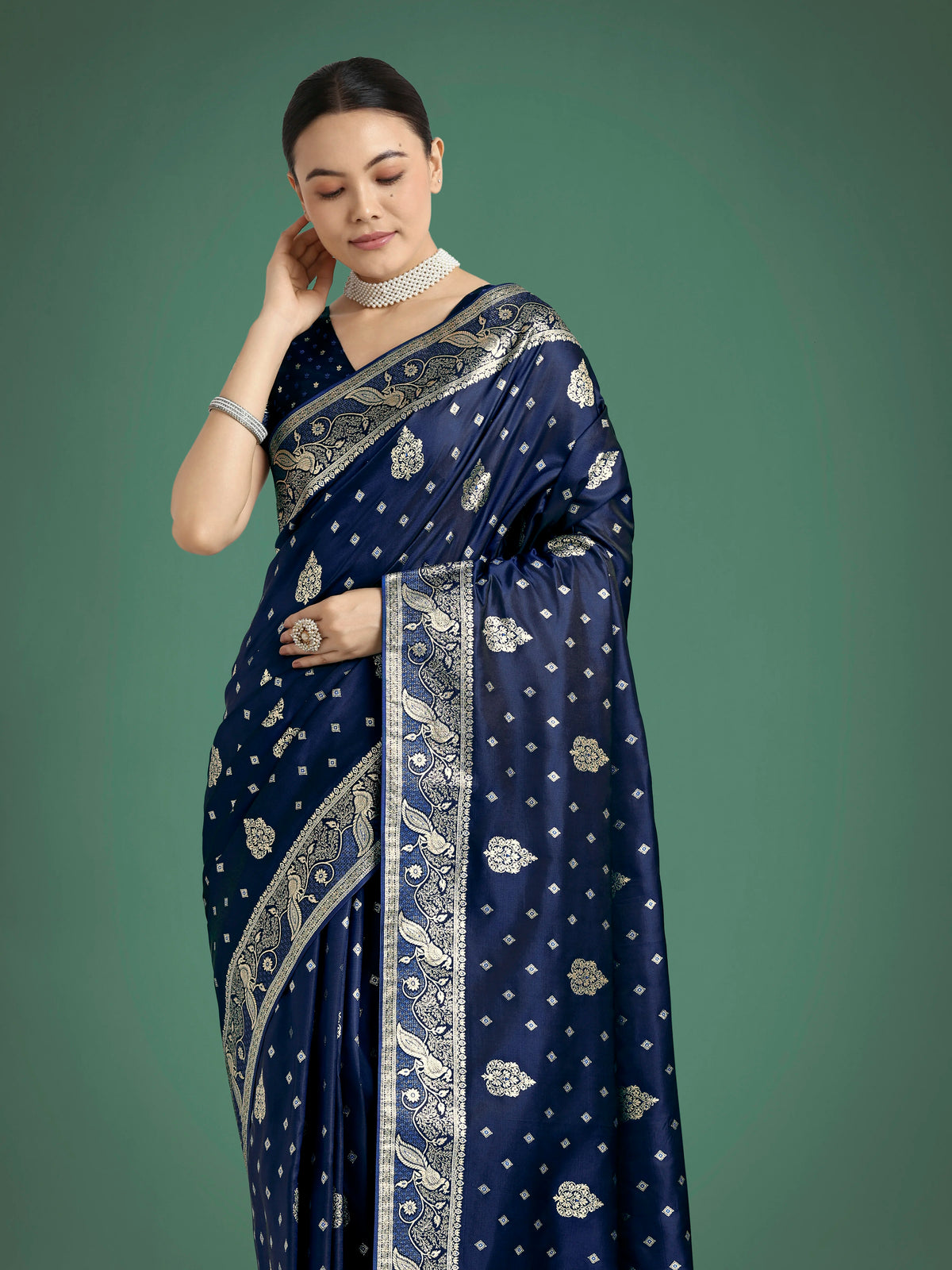 Blue Banarasi-Style Satin Saree with Peacock Motif Pallu, styled on model