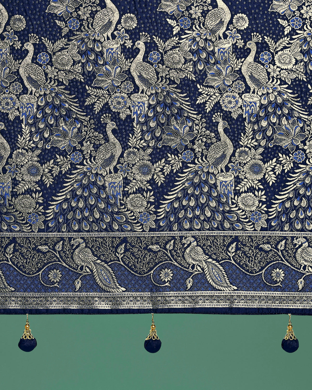 Blue Banarasi-Style Satin Saree with Peacock Motif Pallu, pallu close-up
