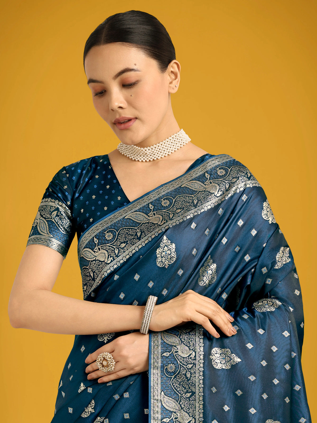 Aqua Blue Banarasi-Style Satin Saree with Peacock Motif Pallu, drape detail