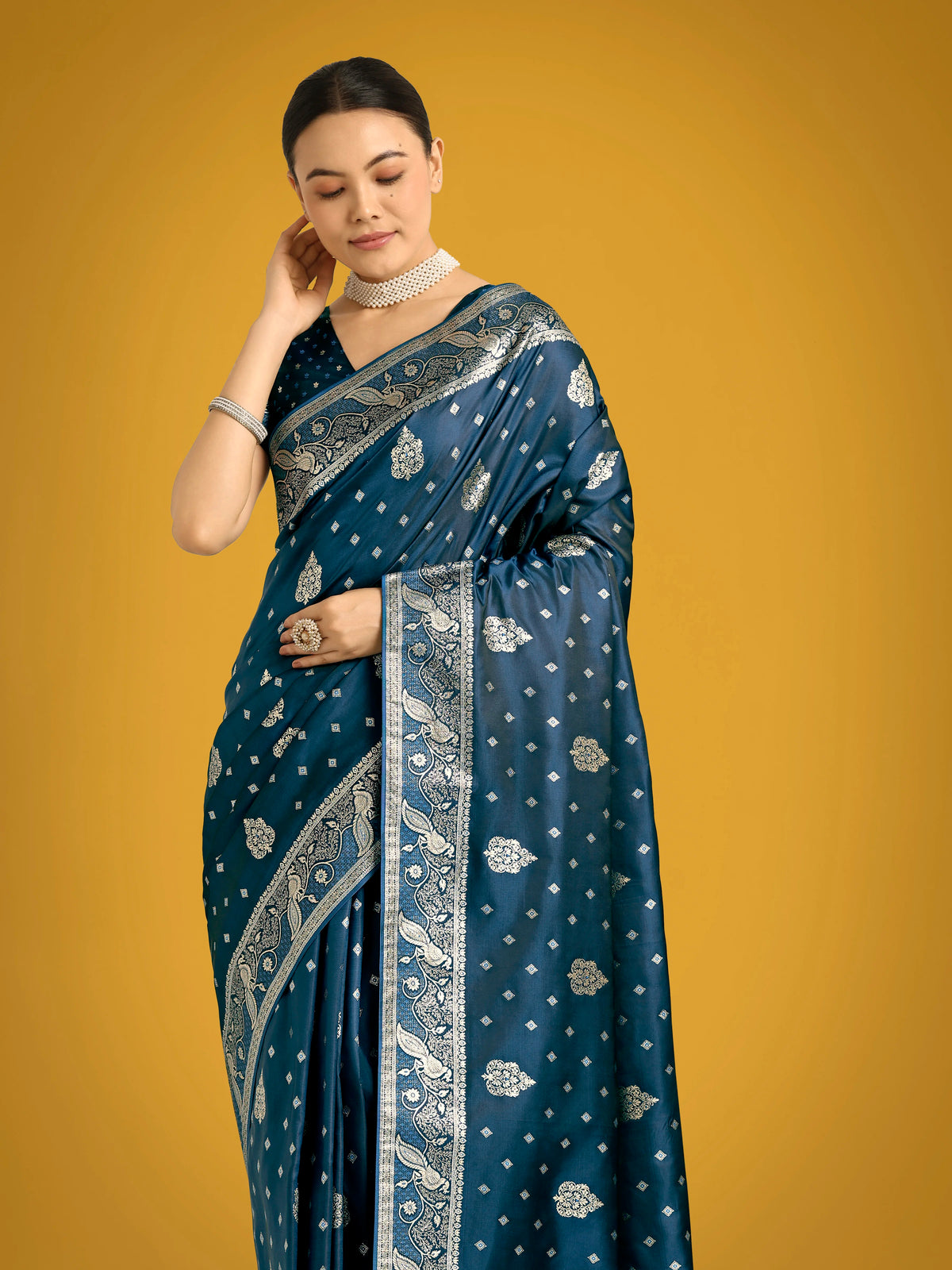 Aqua Blue Banarasi-Style Satin Saree with Peacock Motif Pallu, styled on model