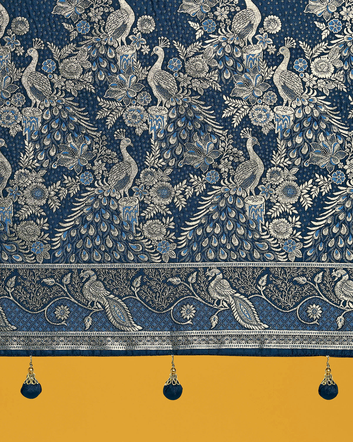 Aqua Blue Banarasi-Style Satin Saree with Peacock Motif Pallu, pallu close-up