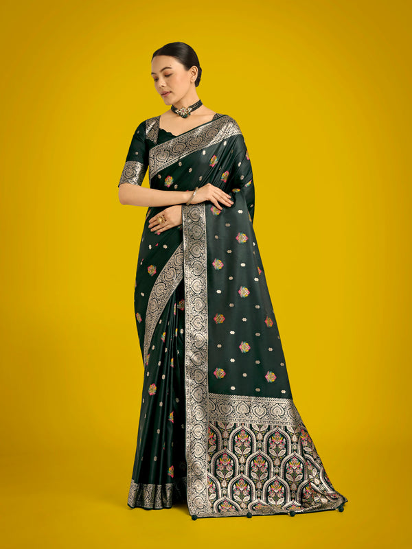 Dark Green Banarasi-Style Satin Saree with Floral Arch Pallu, front