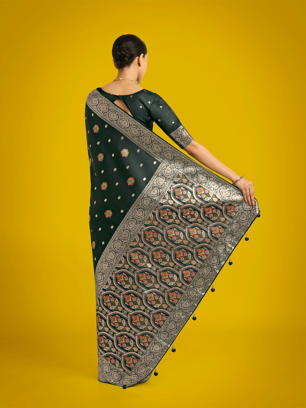 Dark Green Banarasi-Style Satin Saree with Floral Arch Pallu, back with pallu