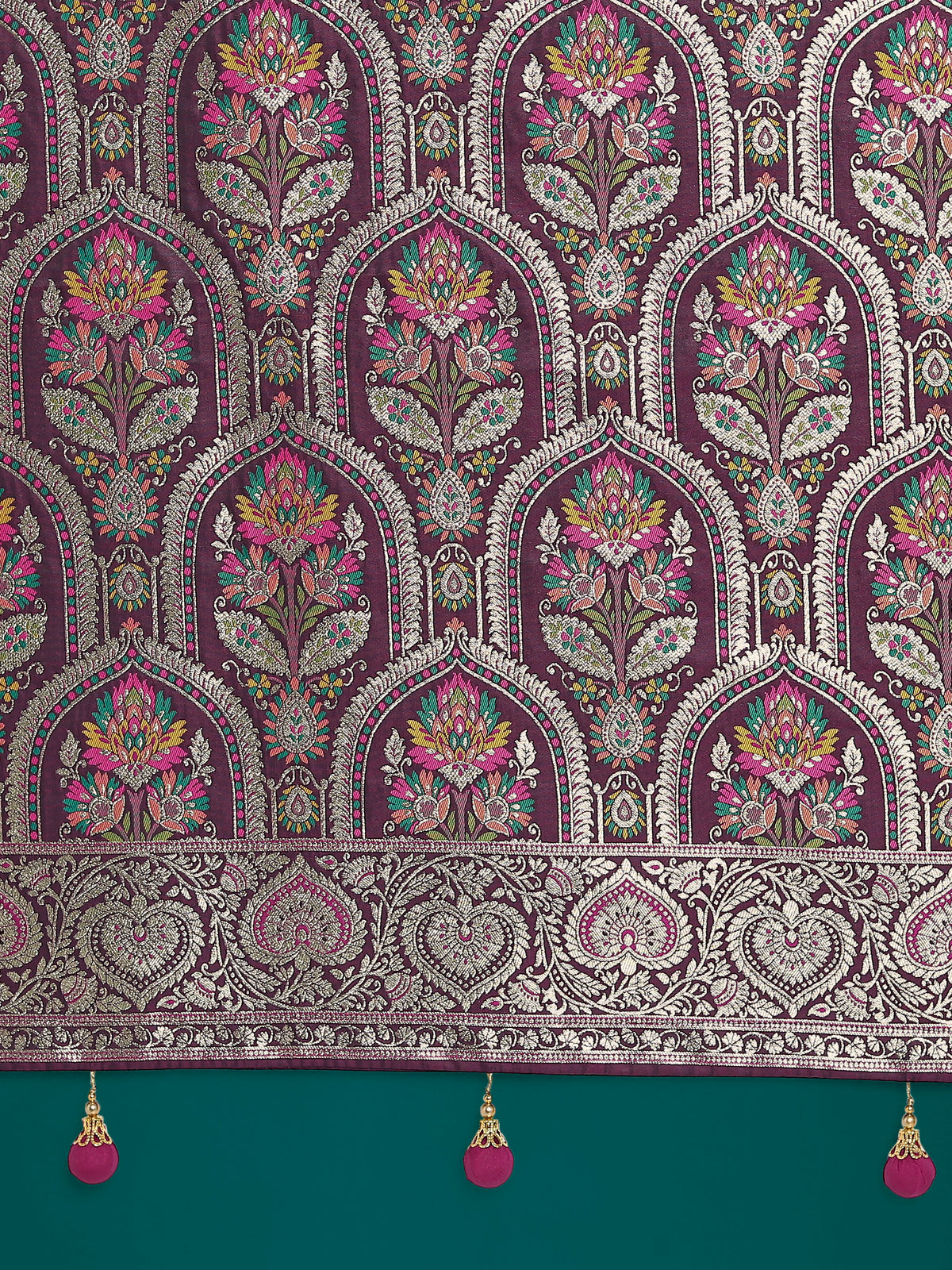 Wine Banarasi-Style Satin Saree with Floral Arch Pallu, pallu close-up