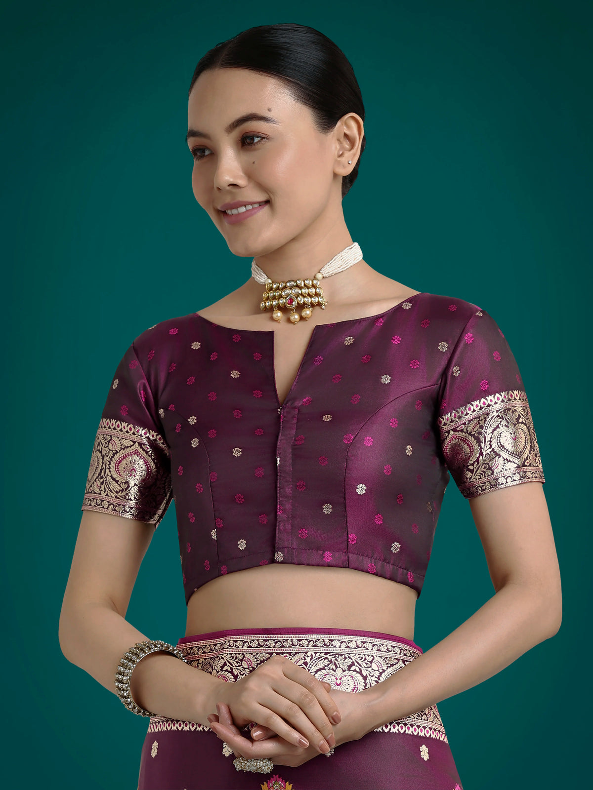 Wine Banarasi-Style Satin Saree with Floral Arch Pallu, blouse detail