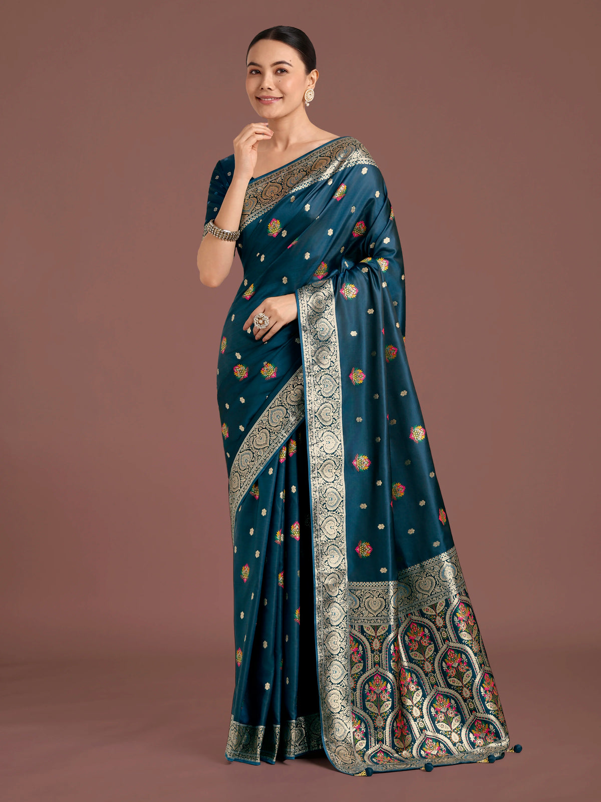 Teal Banarasi-Style Satin Saree with Floral Arch Pallu, front