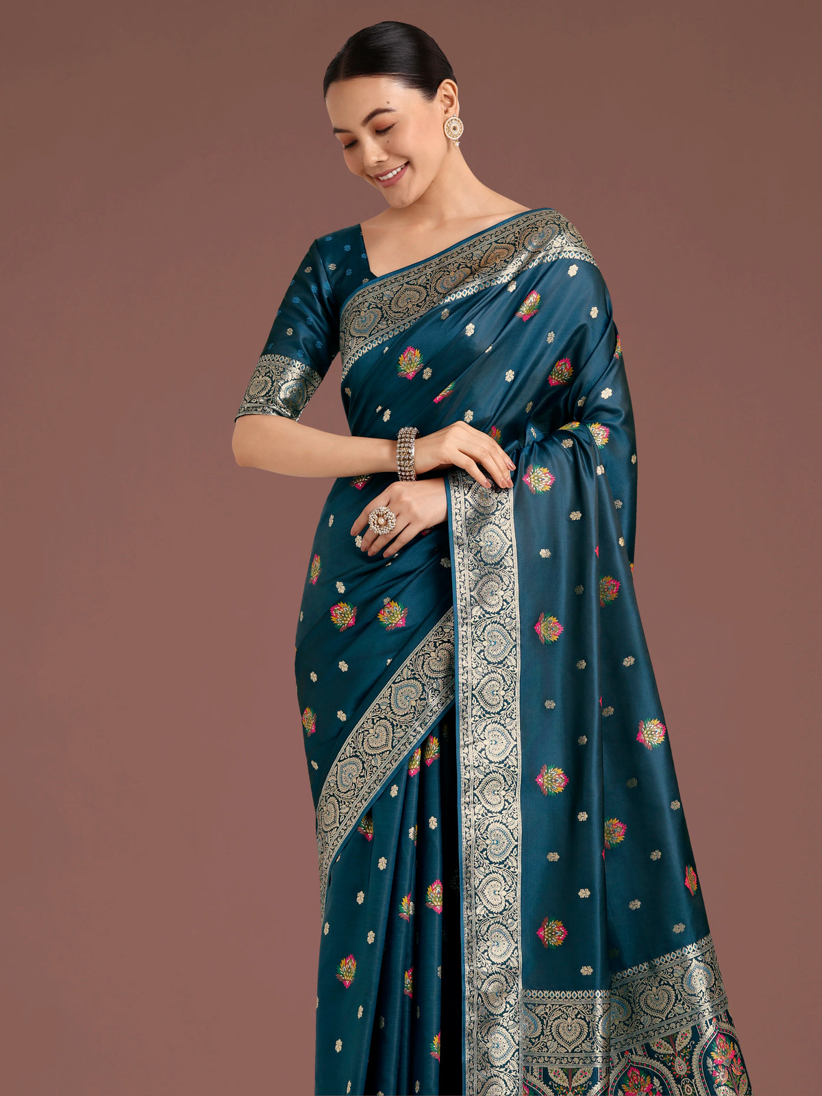 Teal Banarasi-Style Satin Saree with Floral Arch Pallu, styled on model