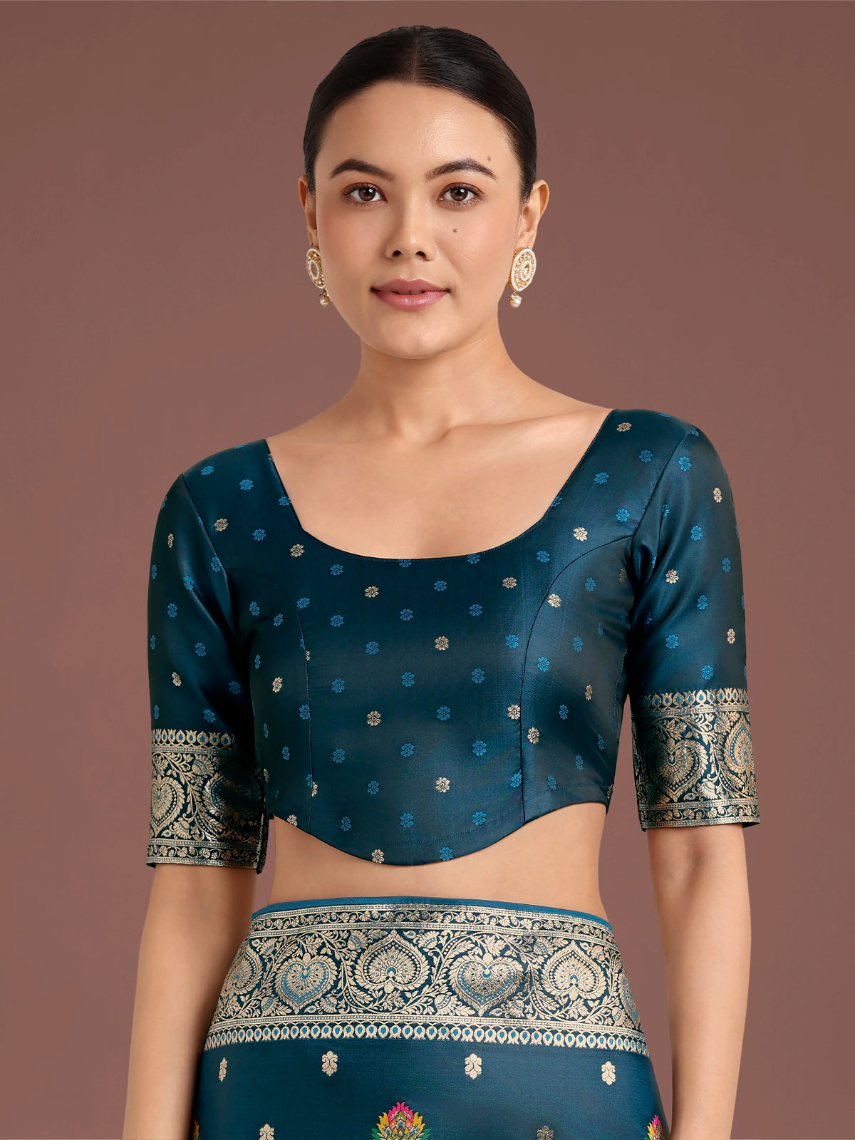 Teal Banarasi-Style Satin Saree with Floral Arch Pallu, blouse detail