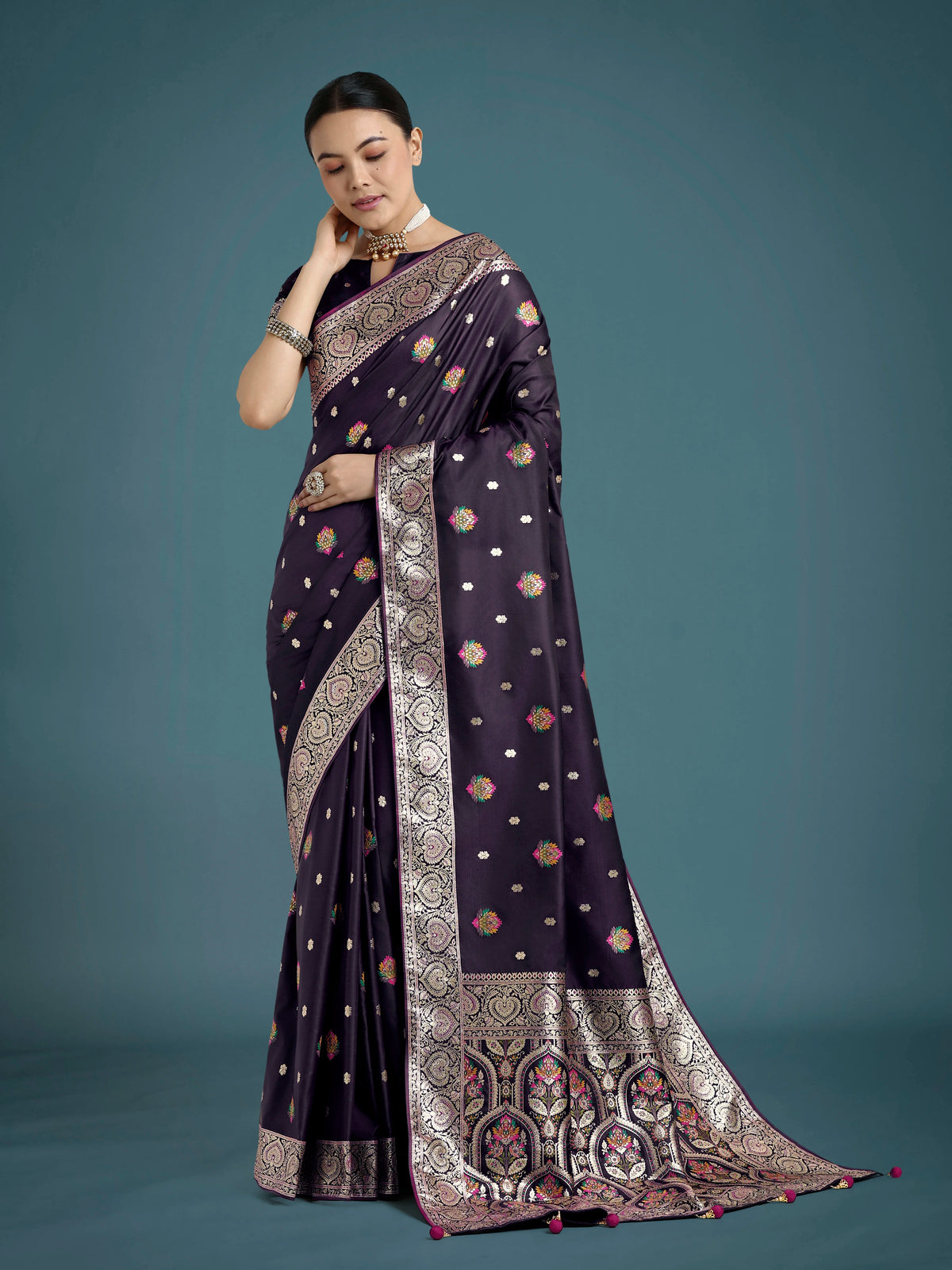 Purple Banarasi-Style Satin Saree with Floral Arch Pallu, front