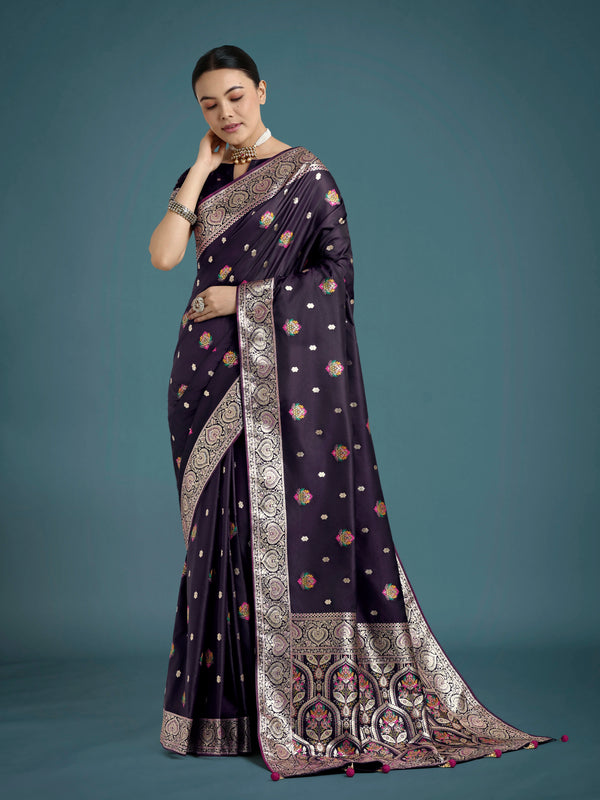 Purple Banarasi-Style Satin Saree with Floral Arch Pallu, front