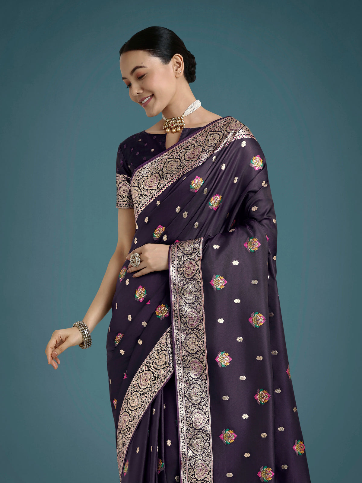 Purple Banarasi-Style Satin Saree with Floral Arch Pallu, styled on model
