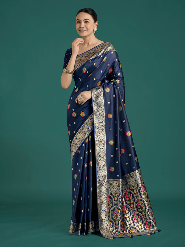 Navy Blue Banarasi-Style Satin Saree with Floral Arch Pallu, front