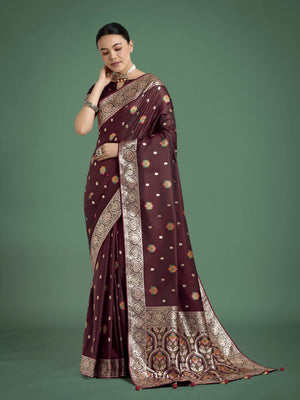 Maroon Banarasi-Style Satin Saree with Floral Arch Pallu
