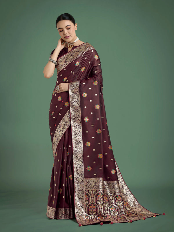Maroon Banarasi-Style Satin Saree with Floral Arch Pallu, front