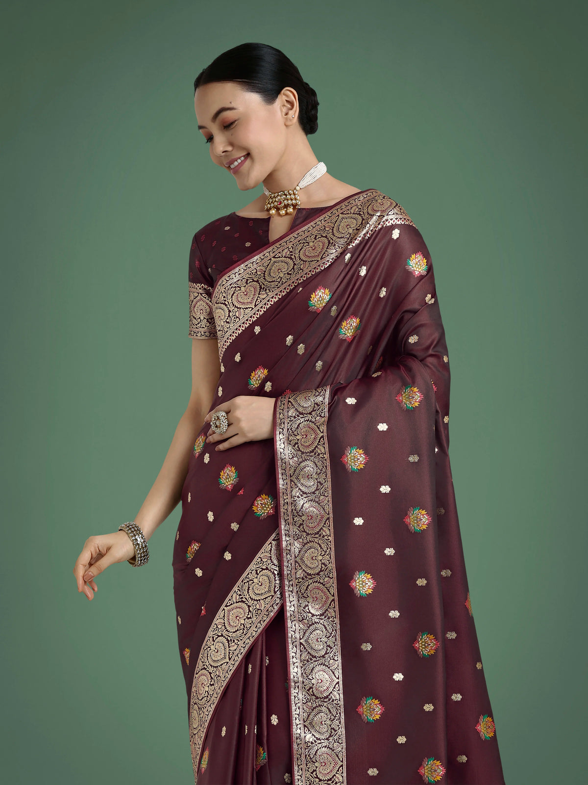 Maroon Banarasi-Style Satin Saree with Floral Arch Pallu, styled on model