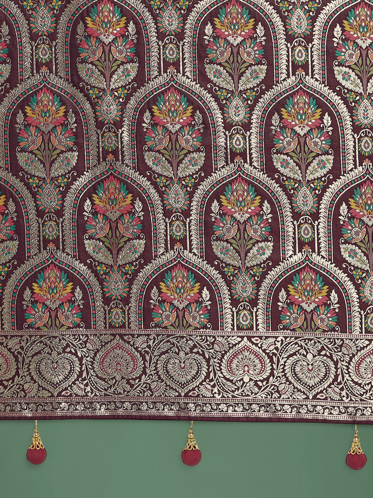 Maroon Banarasi-Style Satin Saree with Floral Arch Pallu, pallu close-up