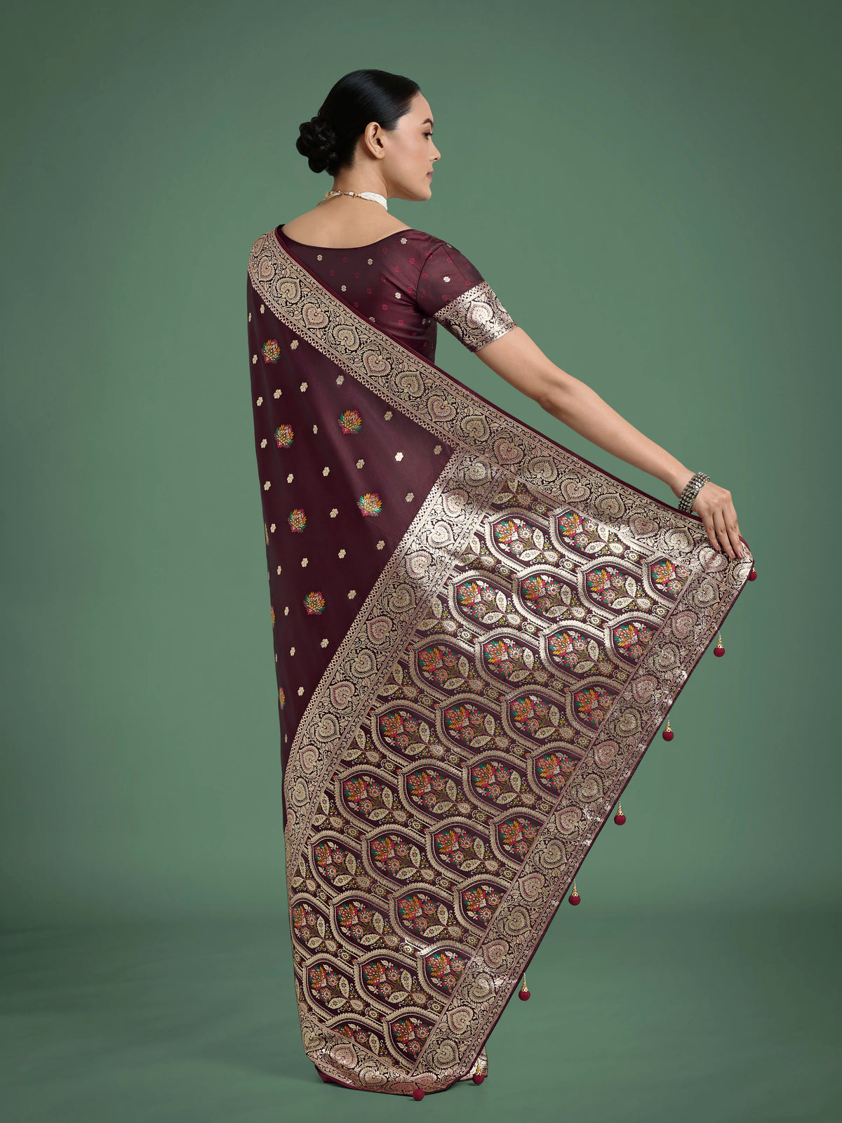 Maroon Banarasi-Style Satin Saree with Floral Arch Pallu, back with pallu