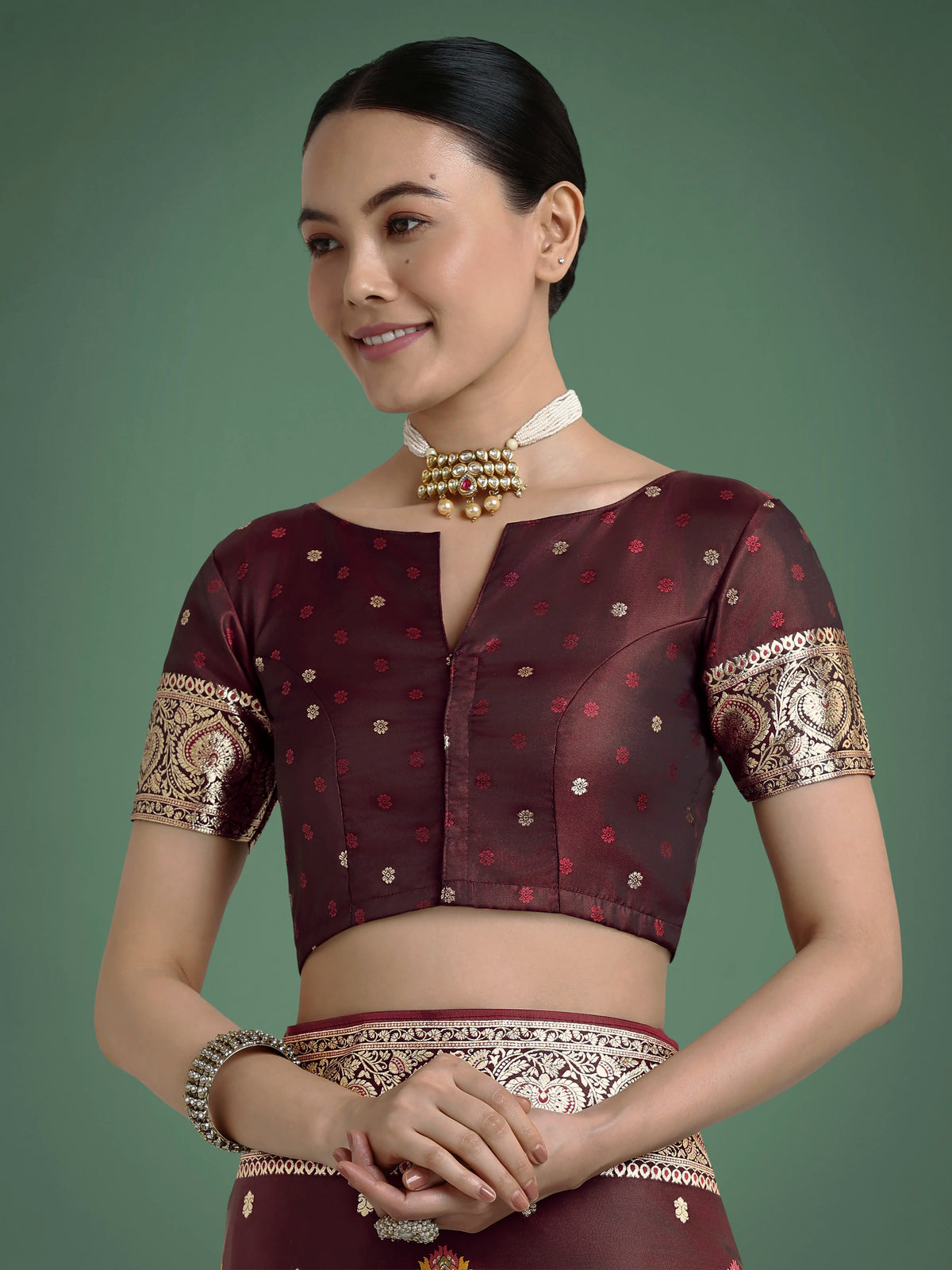 Maroon Banarasi-Style Satin Saree with Floral Arch Pallu, blouse detail