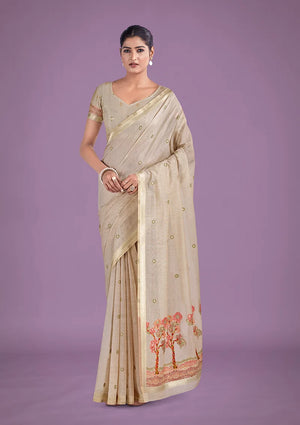 Beige Cotton Silk Saree with Red Tree Motif Pallu