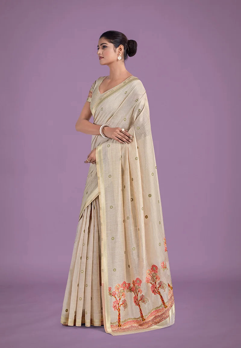 Beige Cotton Silk Saree with Red Tree Motif Pallu, side