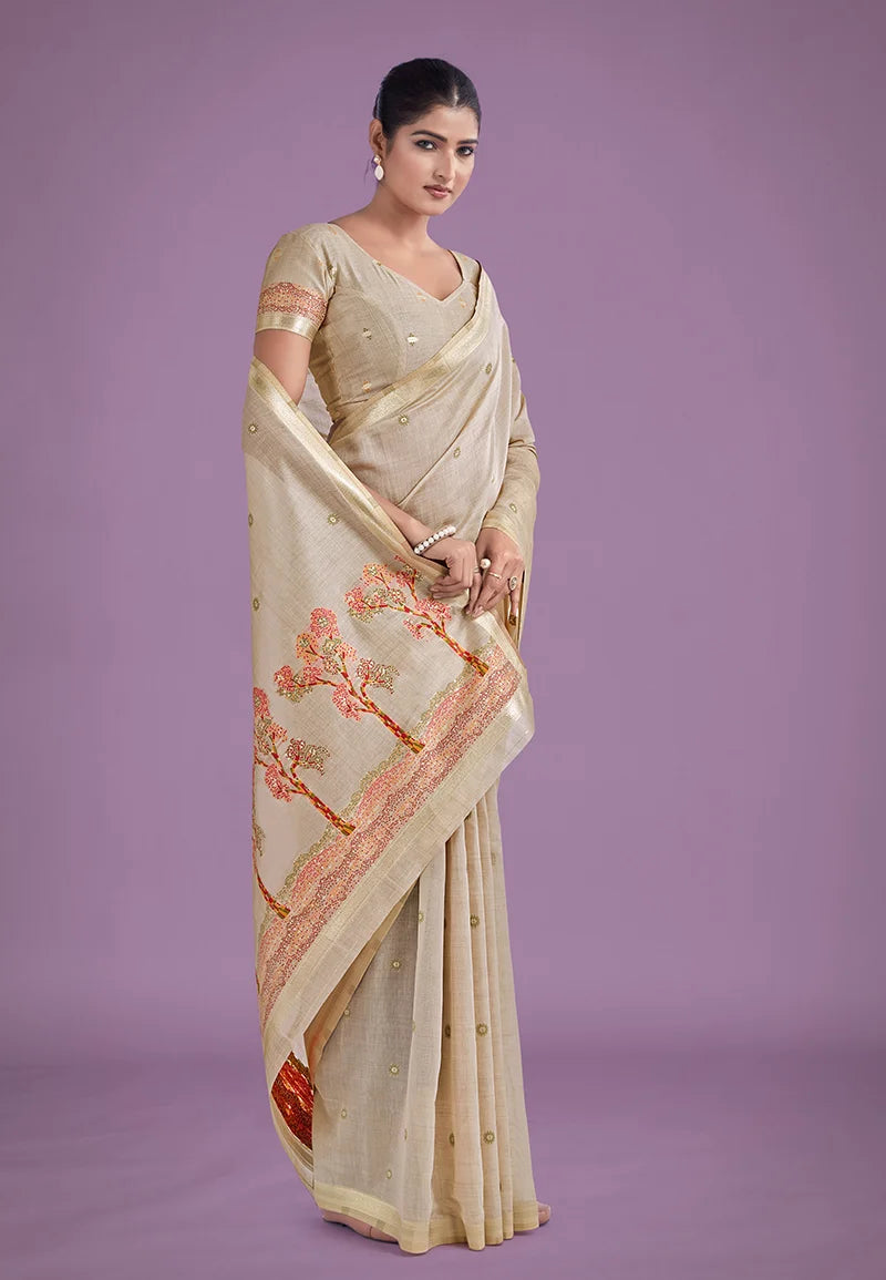 Beige Cotton Silk Saree with Red Tree Motif Pallu, border close-up