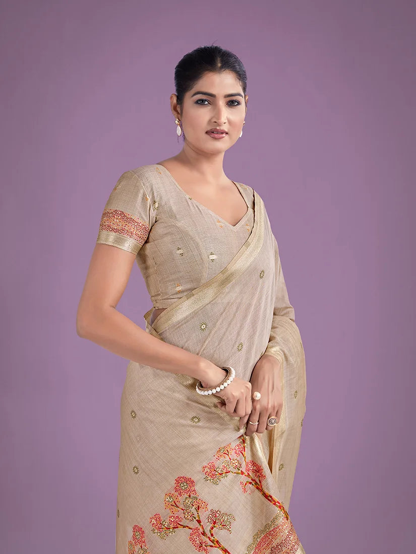 Beige Cotton Silk Saree with Red Tree Motif Pallu, drape close-up