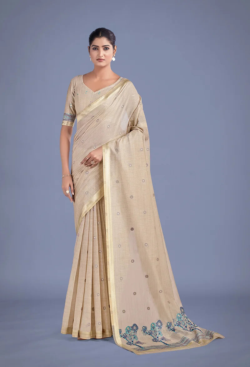 Beige Cotton Silk Saree with Blue Tree Motif Pallu, front