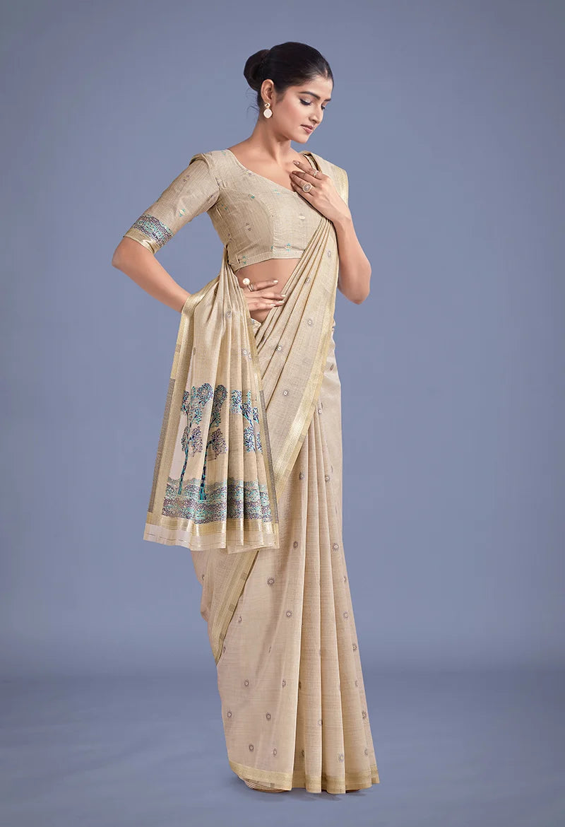 Beige Cotton Silk Saree with Blue Tree Motif Pallu, side