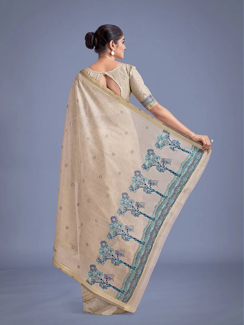Beige Cotton Silk Saree with Blue Tree Motif Pallu, back