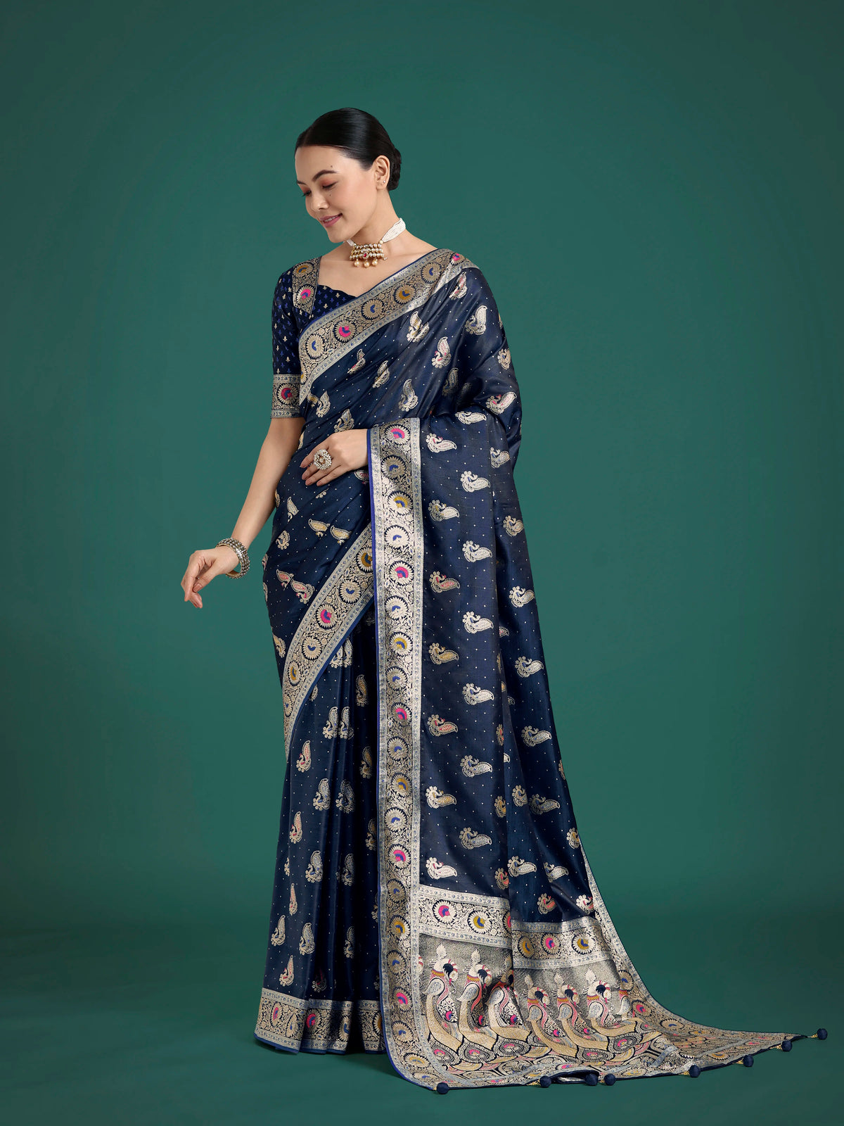Blue Banarasi-Style Satin Saree with Peacock Zari Pallu, front