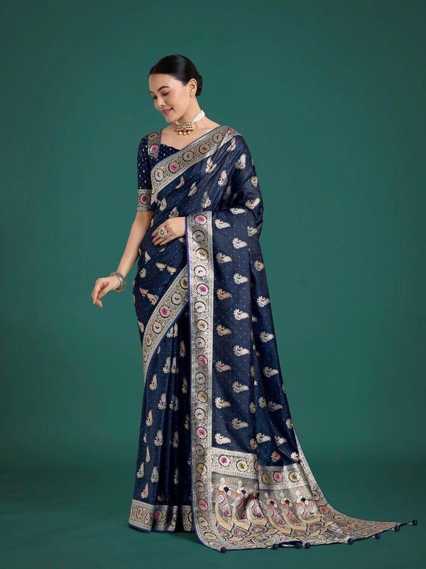 Blue Banarasi-Style Satin Saree with Peacock Zari Pallu, front