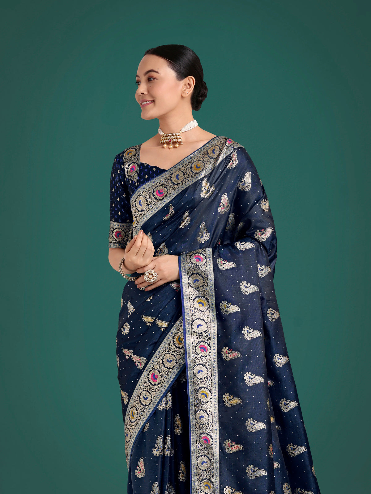 Blue Banarasi-Style Satin Saree with Peacock Zari Pallu, drape detail