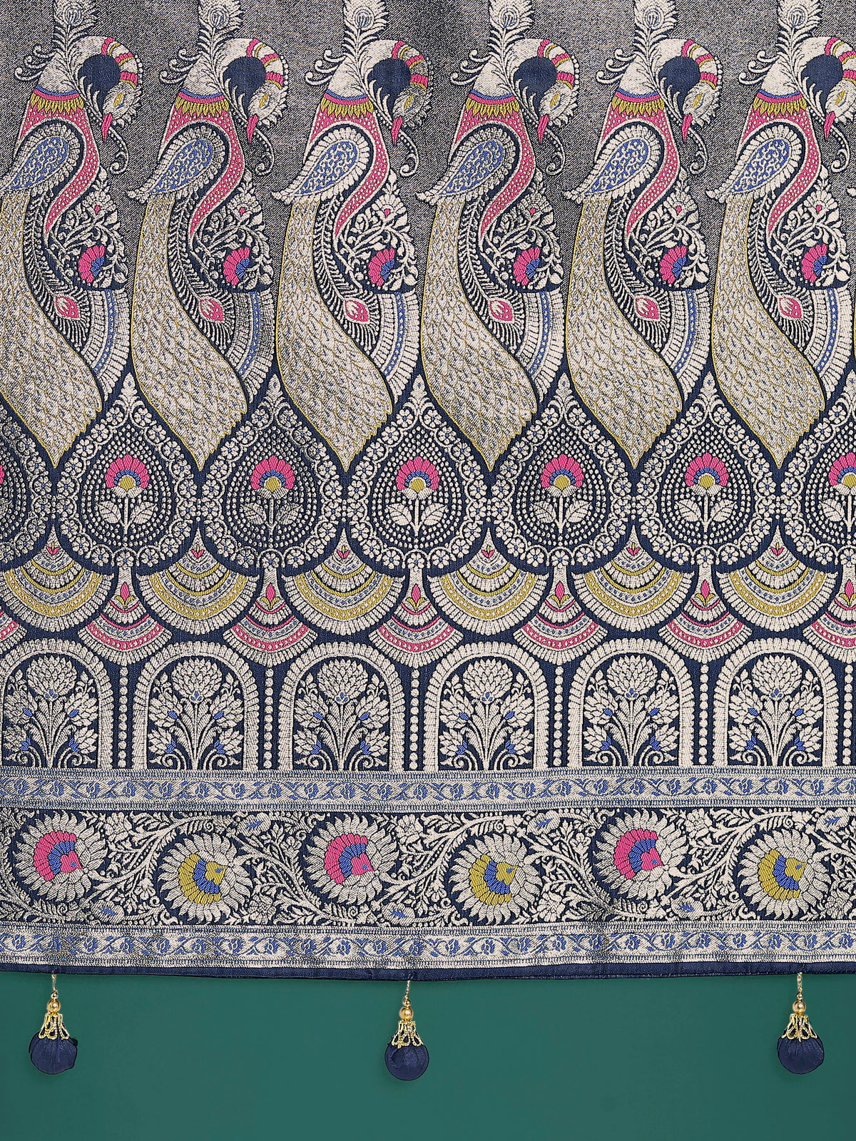 Blue Banarasi-Style Satin Saree with Peacock Zari Pallu, pallu close-up