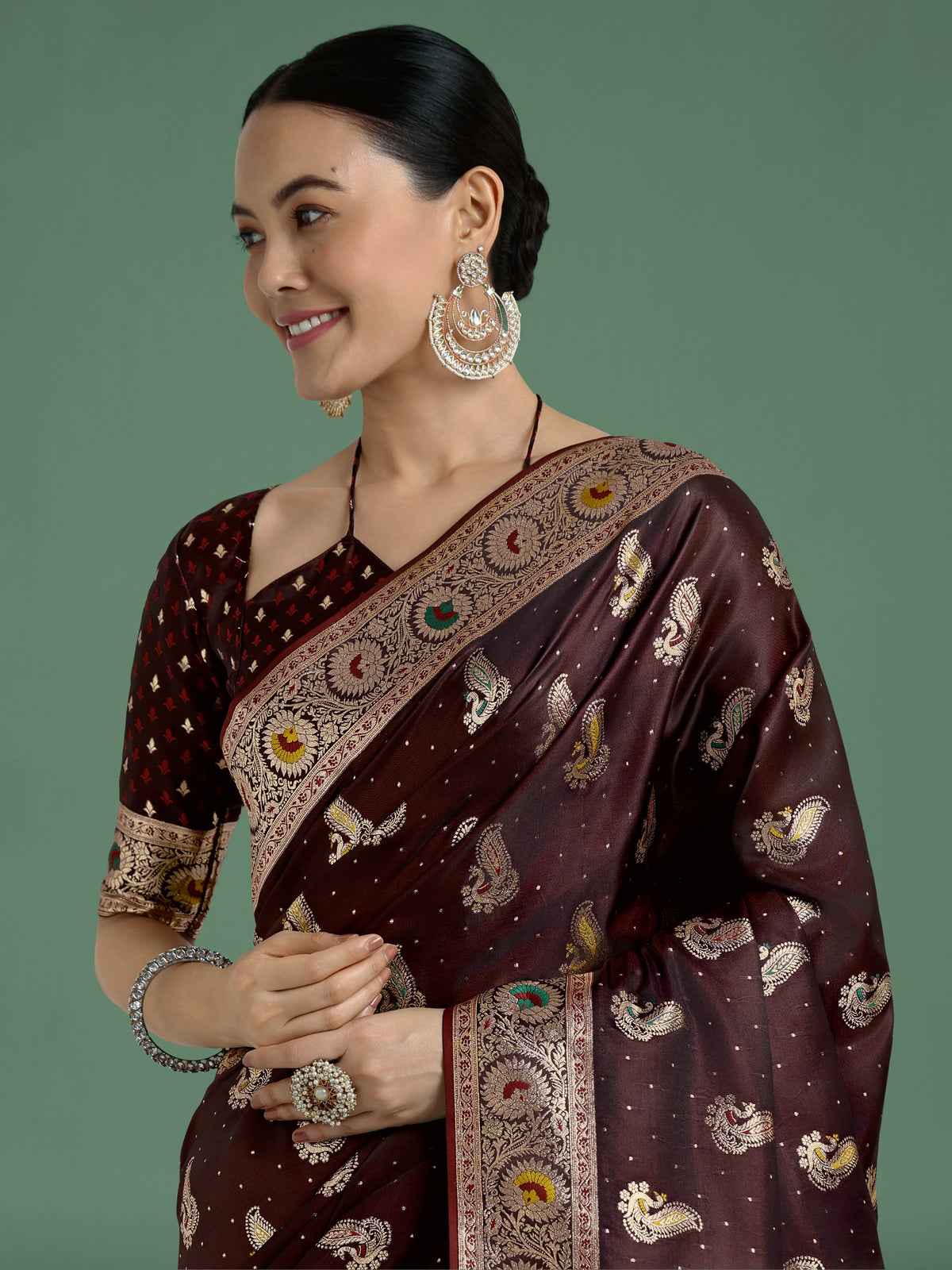 Maroon Banarasi-Style Satin Saree with Peacock Zari Pallu, drape detail