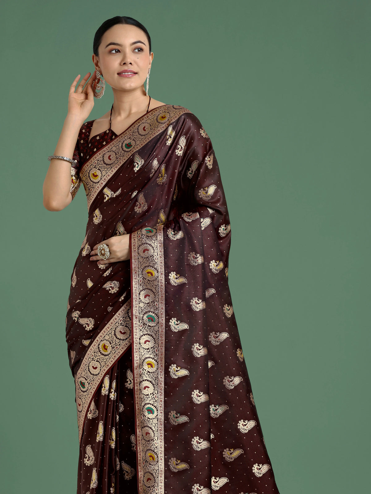 Maroon Banarasi-Style Satin Saree with Peacock Zari Pallu, styled on model