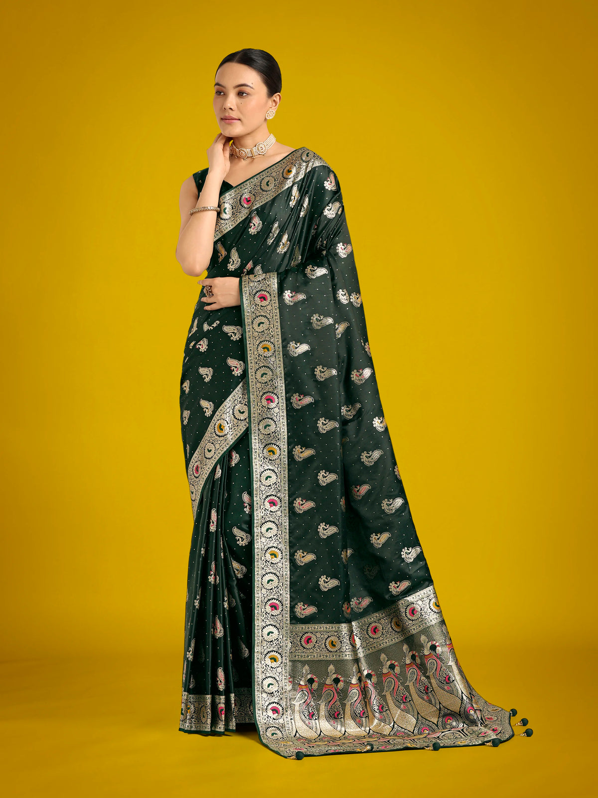Dark Green Banarasi-Style Satin Saree with Peacock Zari Pallu, front