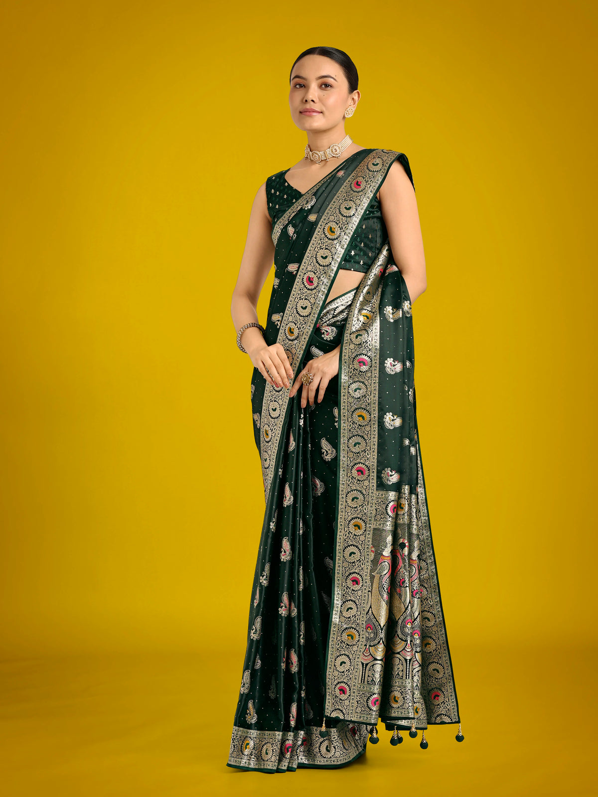 Dark Green Banarasi-Style Satin Saree with Peacock Zari Pallu, styled on model